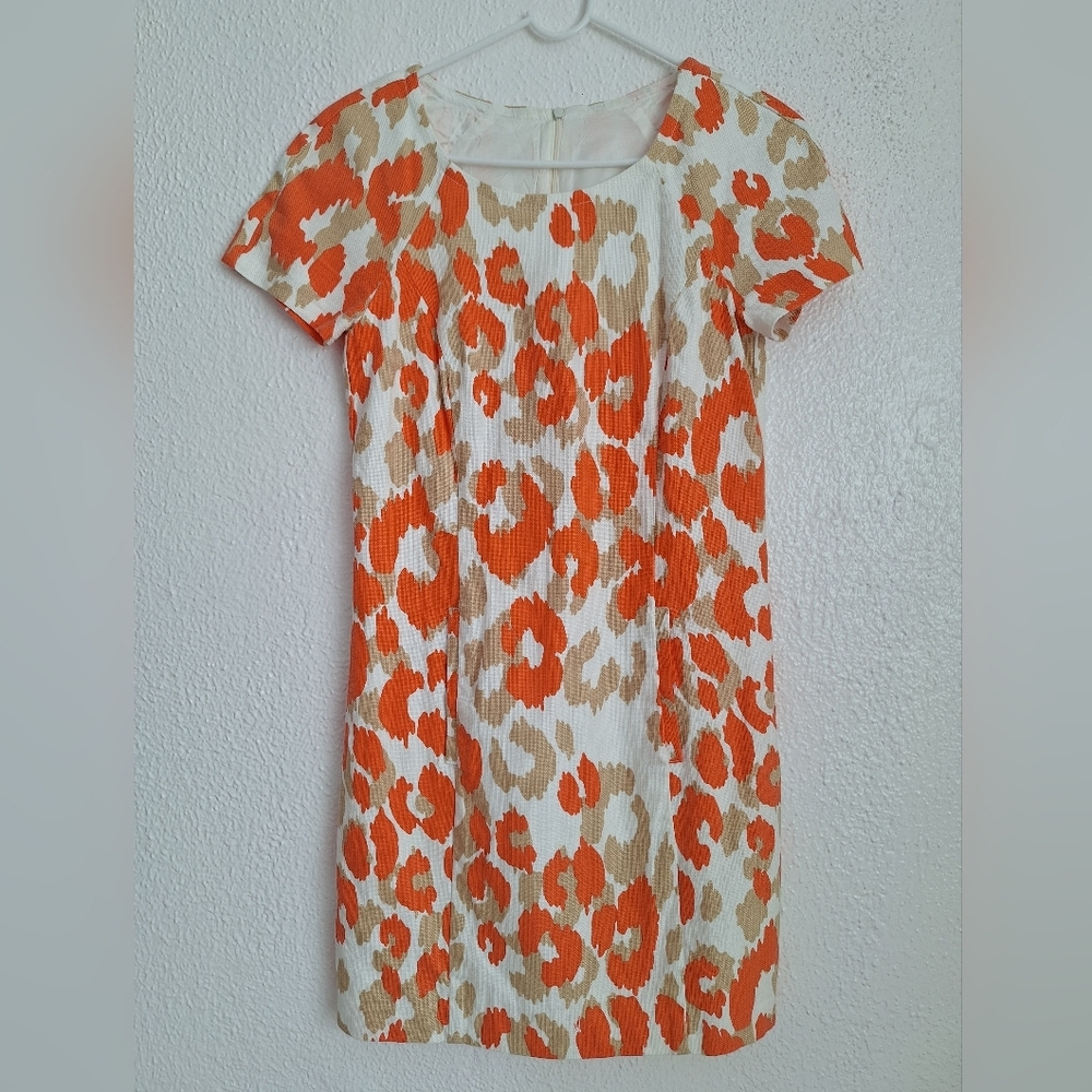 TRINA TURK Orange White Puff Sleeve Square Neck Midi Dress